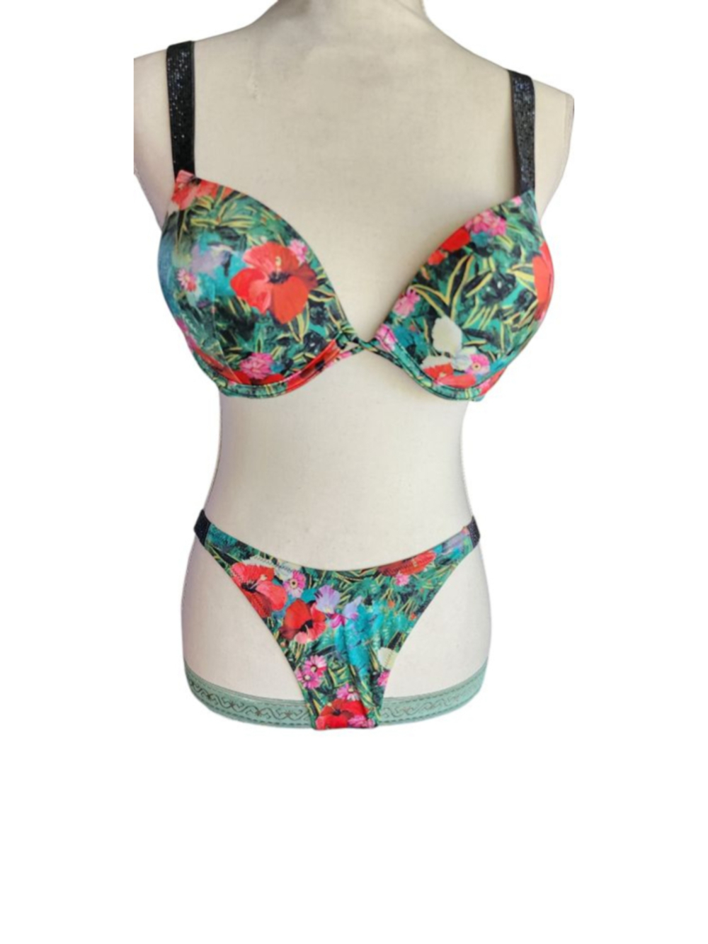 Victoria's Secret Tropical Push-Up Bikini Set 36B M Crisscross Sparkle Brazil